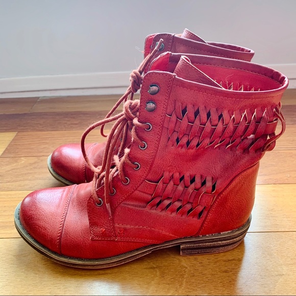 Nine West Red Leather Woven Lace-Up Boots - Picture 3 of 7